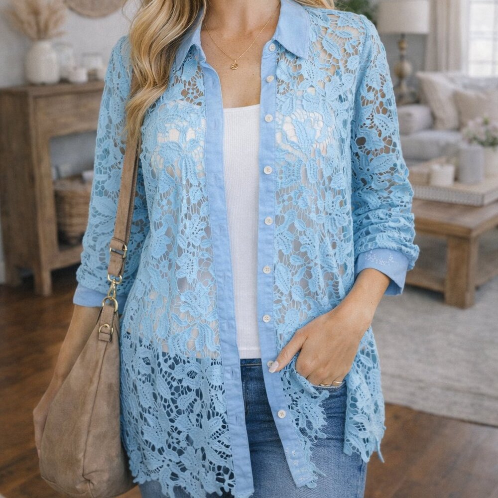 POL Blue Lace Button Down Shirt Small Sky Blue Layering Blouse Cover up NWT